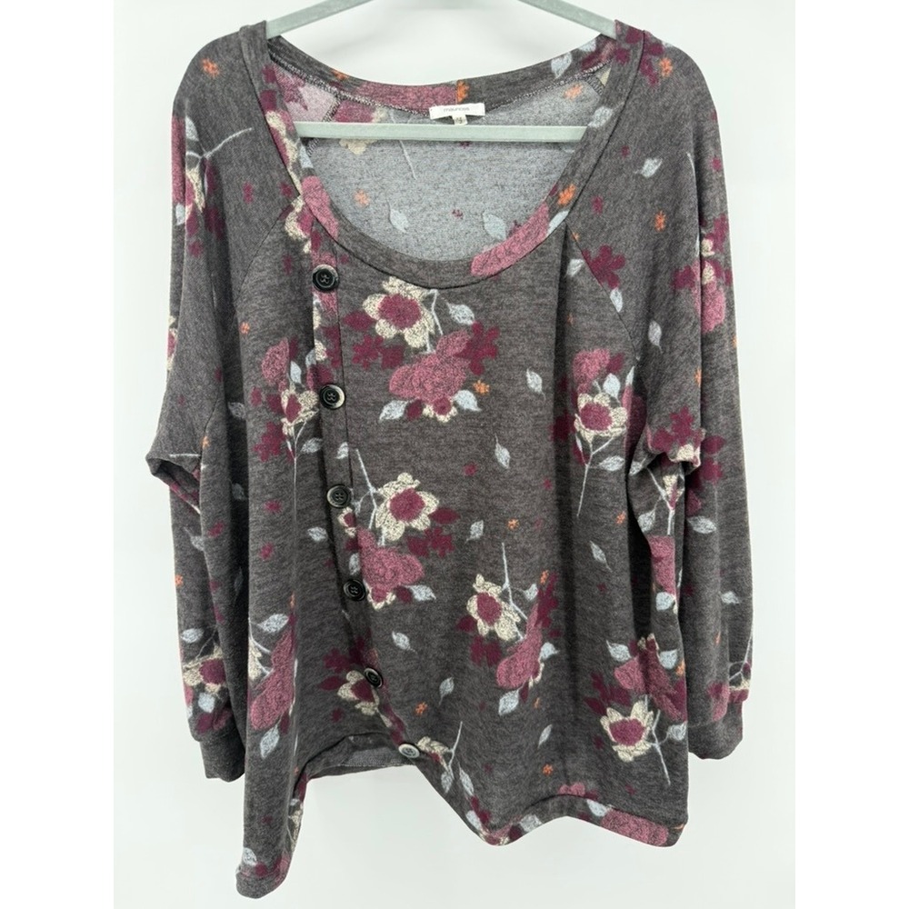 Maurices Floral Knit Top Womens 2X Plus Gray Burgundy Feminine Boho Long Sleeve - Picture 2 of 9